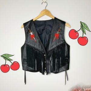 Fringe Rose Leather Biker Vest